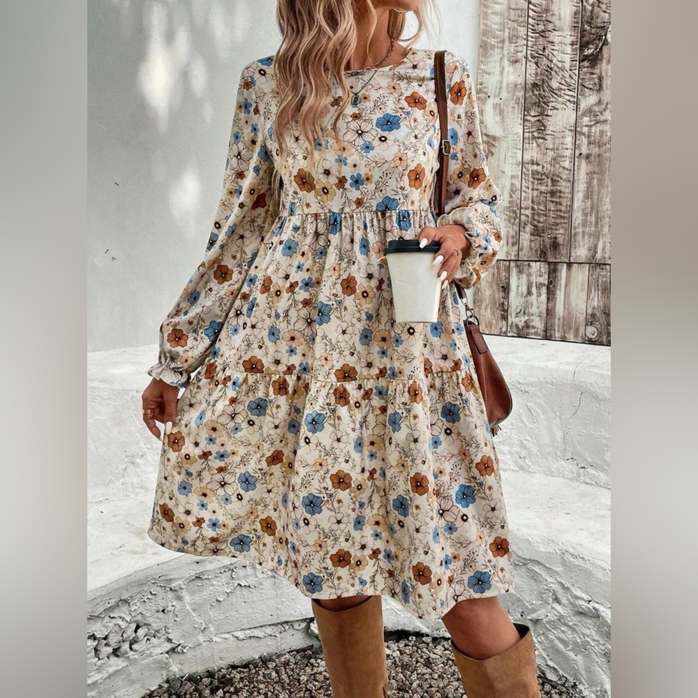 Floral Print Long Sleeve Tiered Dress